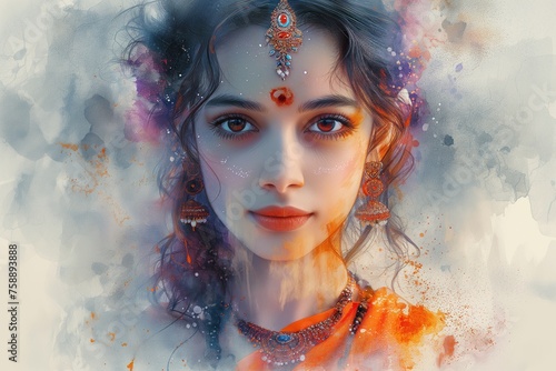 Hindu goddess Parvati. Also known: Gauri, Kali, Durga, Bhavani. The wife of Lord Shiva, a manifestation of his creative and feminine energy. Watercolor style