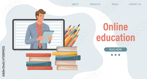 Online education or business training. A teacher, a computer mentor and a bunch of books and pencils. Illustration, template for landing page. Vector