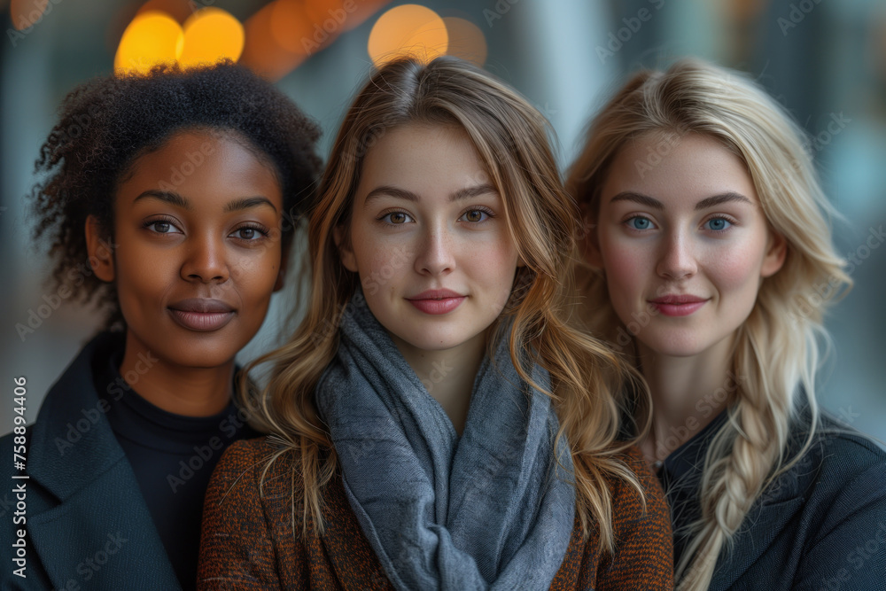 Fototapeta premium Three young business women of different races: blonde, brown-haired and brunette. Аre dressed in a business casual manner, looking straight and posing in a friendly manner. Business women concept