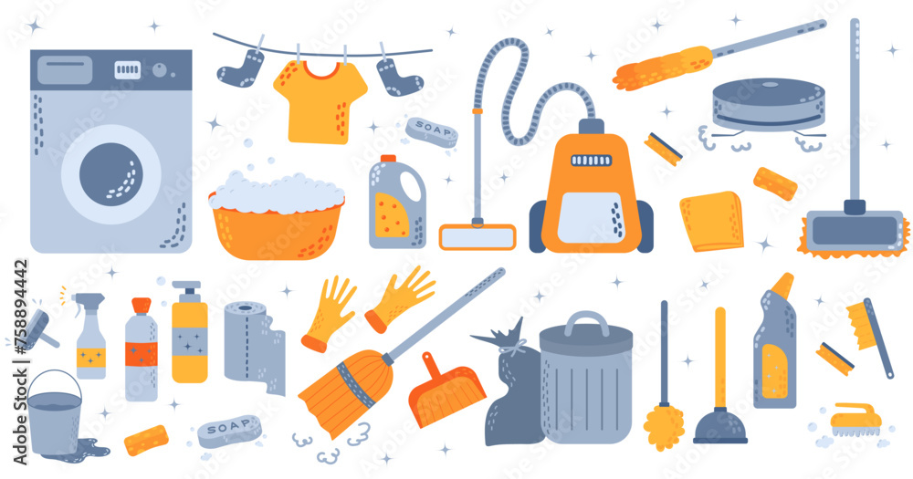 House cleaning tools and products set of trendy flat icons vector illustration isolated on white background.
