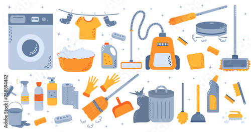 House cleaning tools and products set of trendy flat icons vector illustration isolated on white background.