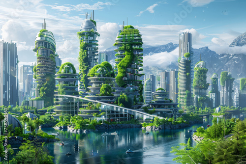 Beautiful eco-friendly city with blue and green man made skyscrapers and buildings modern futuristic city green Garden urban area 3D illustration design