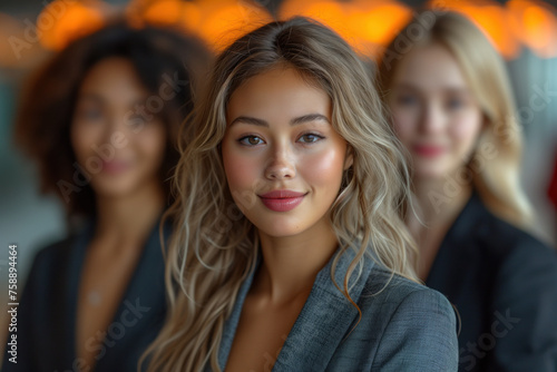A beautiful young Asian business woman, in a business jacket, smiles and poses against the background of her colleagues: African-American and Caucasian women