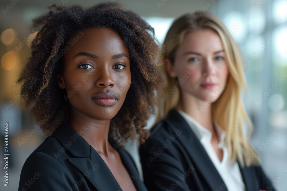Businesswoman, African American woman in a business suit posing confidently, looking straight. Posing behind her is her colleague, a woman of Caucasian race who is not in focus. Business women concept Businesswoman, African American woman in a business suit posing confidently, looking straight. Posing behind her is her colleague, a woman of Caucasian race who is not in focus. Business women concept