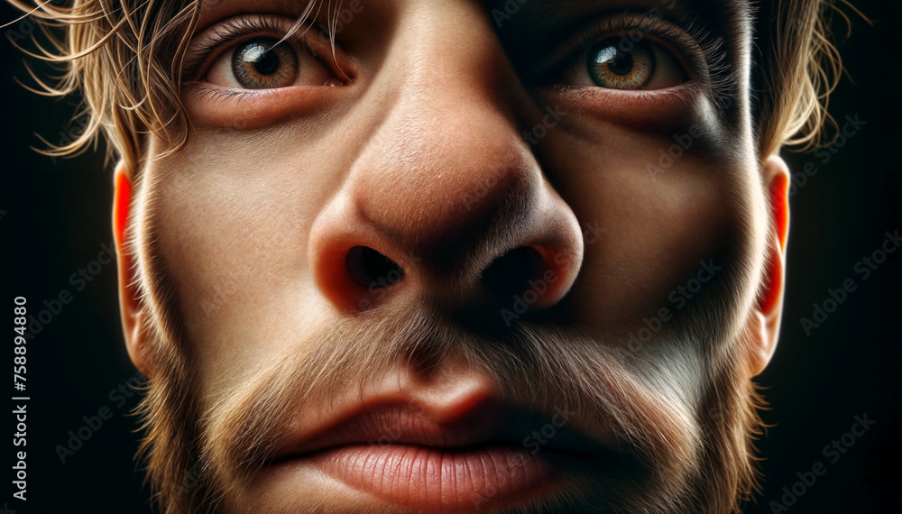 Close-up of a man's face with a large nose, showing his facial hair and facial features Close-up of a man's face with a large nose, showing his facial hair and facial features