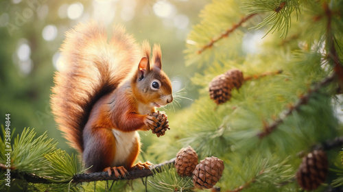 a squirrel is sitting on a branch eating a pine cone in a pine tree, with the sun shining through the branches © Vitaliy