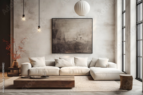 Loft interior design of modern living room, home. Corner sofa against concrete wall with poster frame. © Vadim Andrushchenko