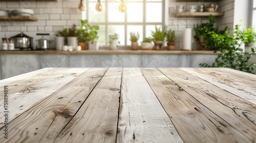 Empty wood table top and blurry modern kitchen interior background.