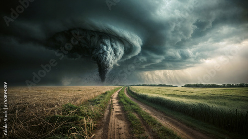 A tornado is swirling down from the sky, looming ominously over a dirt road in the countryside