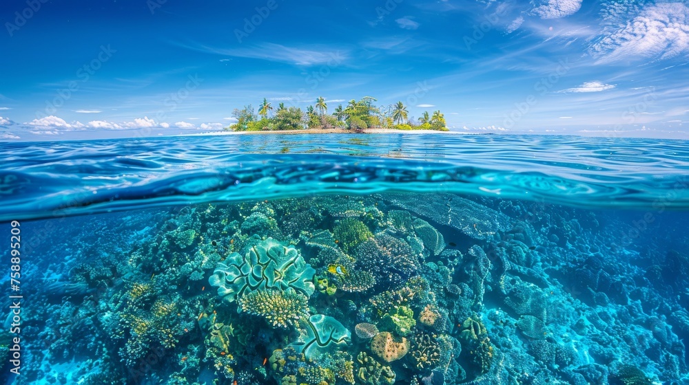 Split view of tropical island and coral reef