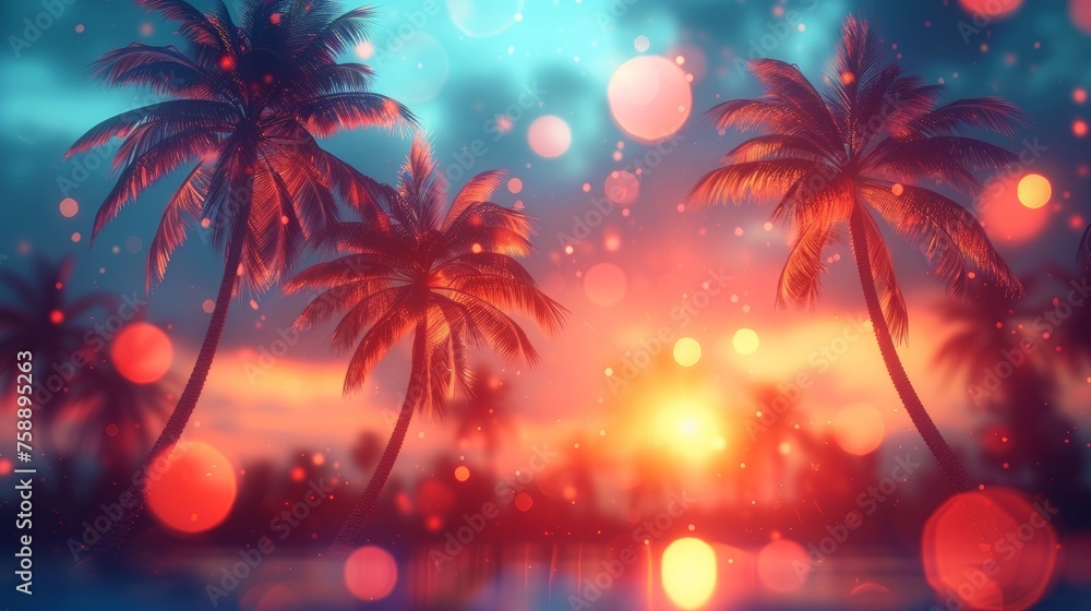 With vintage tones and bokeh lights, silhouette tropical palm trees at sunset are a perfect way to capture the summer vacation mood.