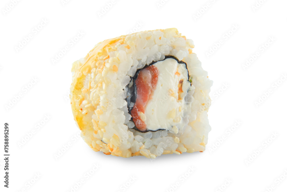 Sushi roll with cheese and salmon, on white background. Sushi roll with cheese and salmon, on white background.