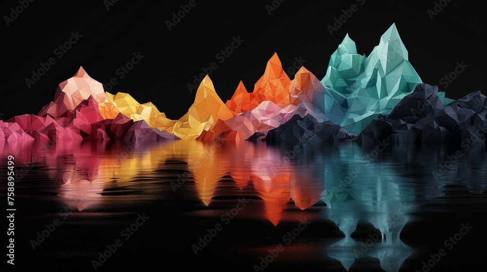 Floating 3D polygon islands, each a different hue, against a stark black background