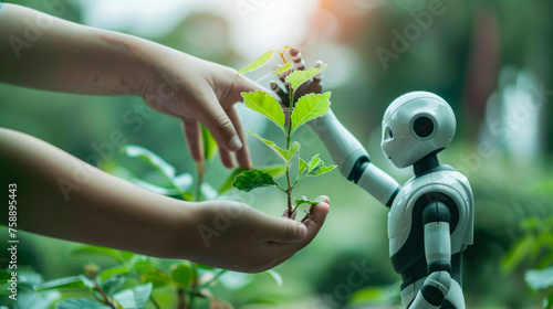 A conceptual image showcasing a human hand alongside a robot hand holding a small green plant, symbolizing technology and nature harmony