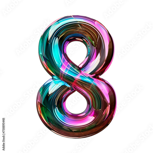 3d glossy holographic number 8. glass or liquid metal in neon rainbow colors. eight sign render in inflated balloon bubble shape. isolated