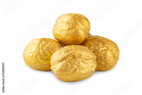 Golden walnuts isolated on white background, Christmas decoration.