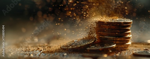 a stack of coins in the dust. Economic background with coins and money photo