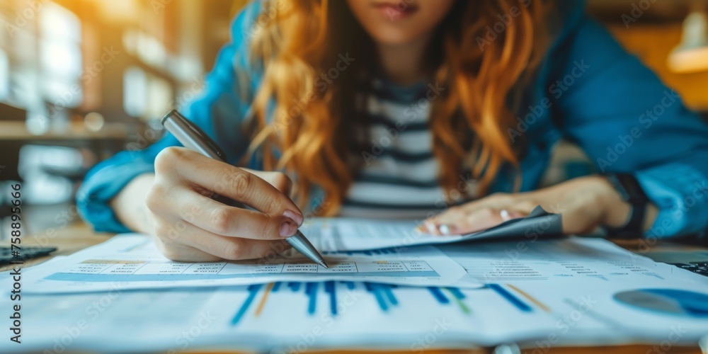 Woman writing a financial plan on the paper how to safe more money, savings - obrazy, fototapety, plakaty 