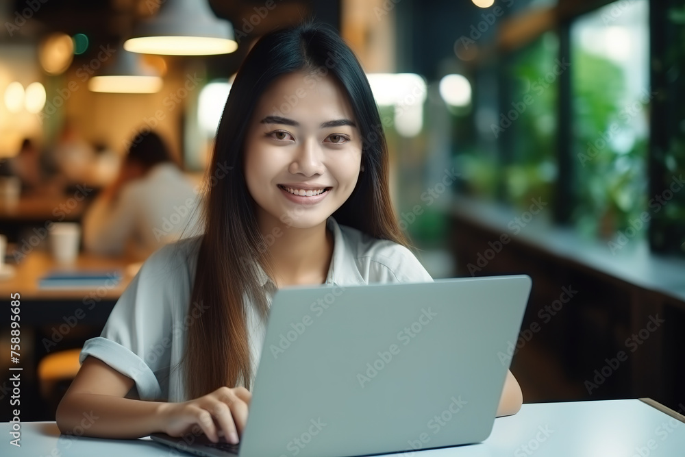 Young Asian happy business woman using laptop computer while sitting in office. Looking at camera and smiling Young Asian happy business woman using laptop computer while sitting in office. Looking at camera and smiling