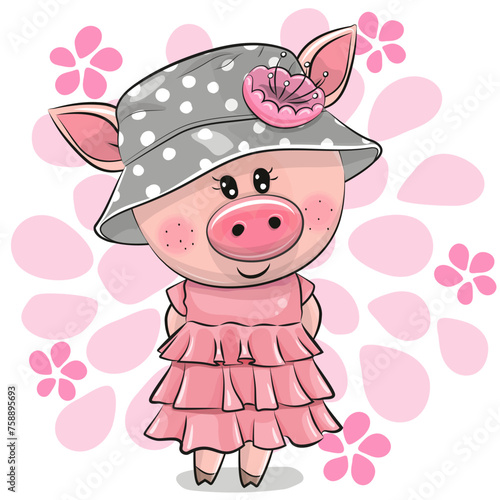 Cute Cartoon Pig in panama hat on a flower background