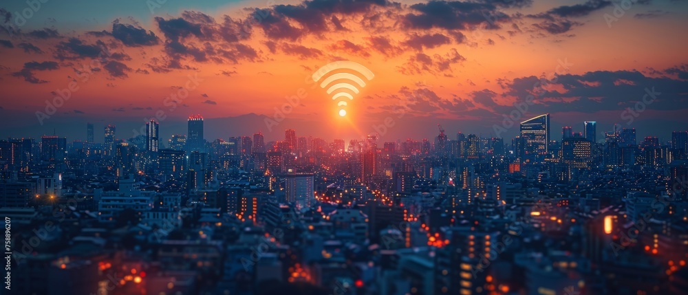 ICT concept of a cityscape with Wi-Fi connectivity - obrazy, fototapety, plakaty 