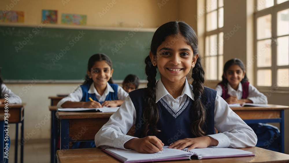 Smiling arabic or indian schoolgirl sitting at desk at school classroom Smiling arabic or indian schoolgirl sitting at desk at school classroom