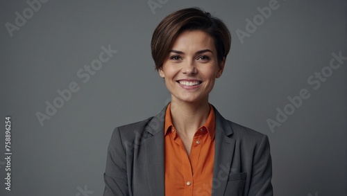 Happy young smiling confident professional business woman wearing blue shirt, pretty stylish female executive looking at camera, standing arms crossed isolated at gray background