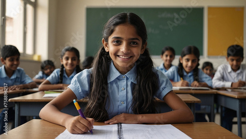 Smiling arabic or indian schoolgirl sitting at desk at school classroom