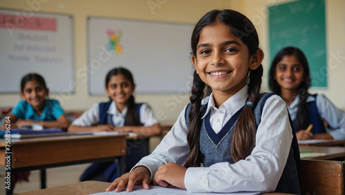 Smiling arabic or indian schoolgirl sitting at desk at school classroom
