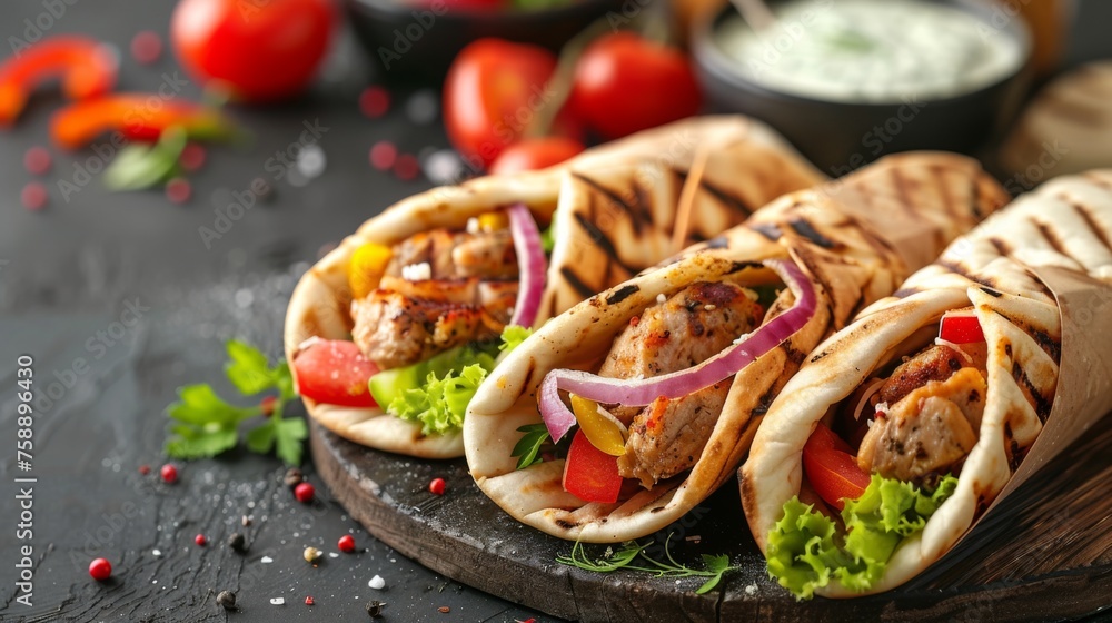 Delicious Greek gyros wrapped in pita bread. Shawarma, grilled pita on dark background. With fresh meat and vegetables. Delicious Greek gyros wrapped in pita bread. Shawarma, grilled pita on dark background. With fresh meat and vegetables.