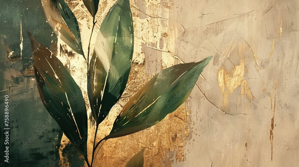 An abstract artistic background with retro, nostalgic brushstrokes. Oil on canvas. Contemporary Art. Floral leaves, green, gray, wallpaper, poster, card, mural, carpet, hanging, print. - obrazy, fototapety, plakaty 