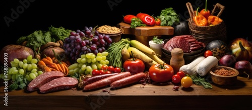 Assortment of fresh vegetables and sausage displayed on the table.