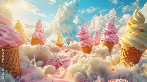 A fantasy 3D ice cream world, with flavors swirling into cones for a frozen treat brand photo