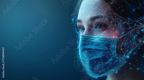 An illustration of a human in a medical protection mask. Low poly wireframe style. Prevention of respiratory diseases concept. Isolated on a blue background. Modern illustration.