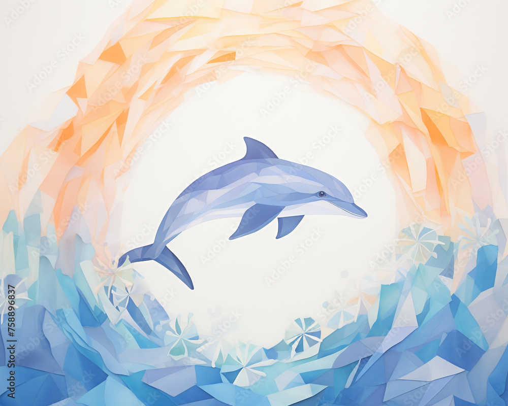 Fototapeta premium Close-up of a dolphin peeking through a large origami ring the picture of playful curiosity