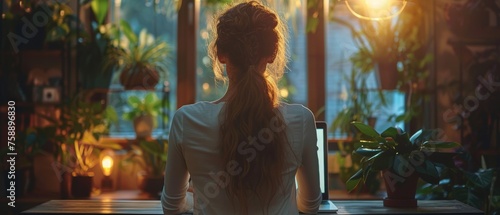 A young business woman or student learning online using a laptop computer while holding a mock-up blank screen. Mockup template for a website. Overhead view.