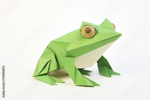 Close-up of a frog with a carefully folded origami tongue cheekily poking out at a paper insect photo