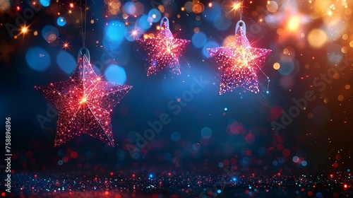 With hanging stars, this abstract greeting card welcomes the New Year with a low poly design Abstract geometric background. Metal wireframe light structure Modern 3D graphic concept. Isolated modern