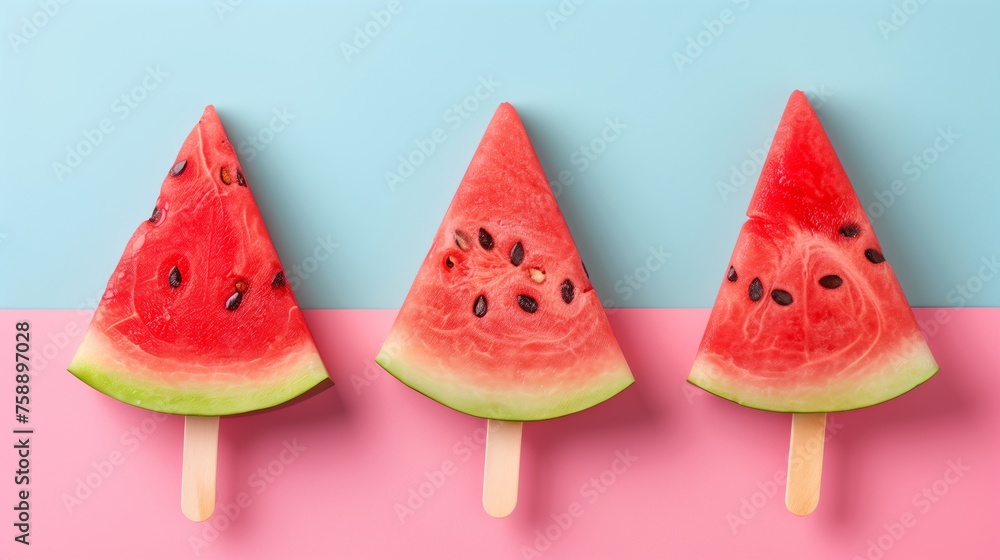 Watermelon Popsicles on a colorful background. Refreshing summer fruit concept. Watermelon Popsicles on a colorful background. Refreshing summer fruit concept.