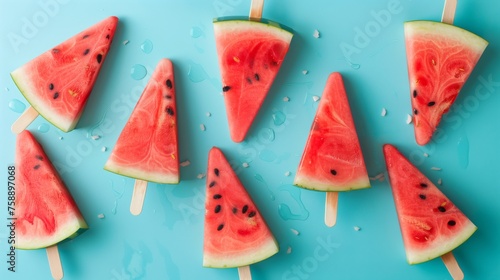 Watermelon Popsicles on a colorful background. Refreshing summer fruit concept.