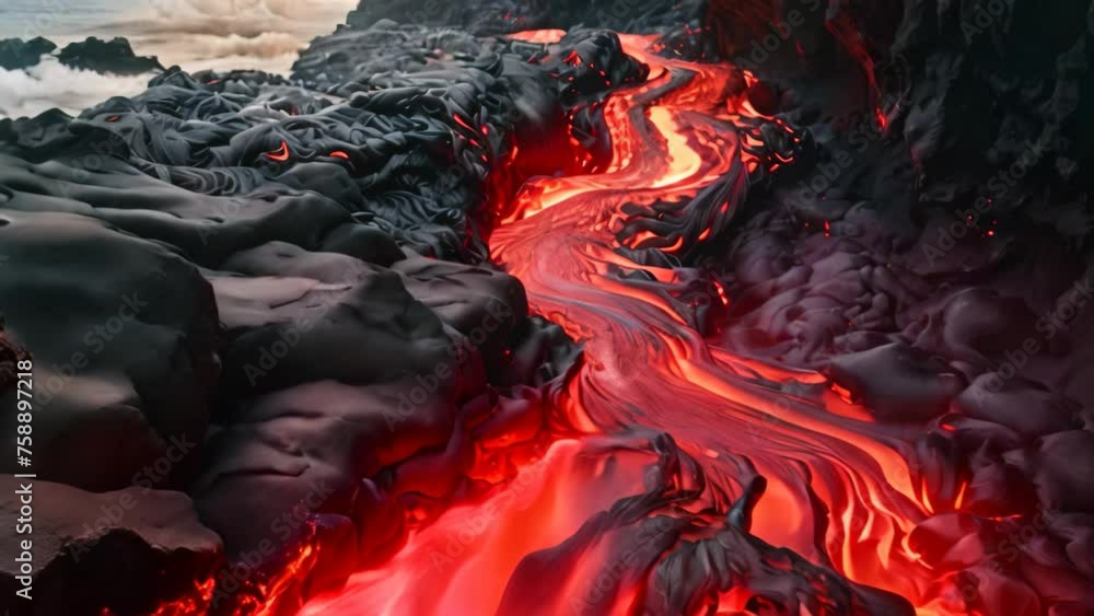 Volcanic lava flow in Hawaii Volcanoes National Park, Big Island, River of pahoehoe lava flowing down a cliff, AI Generated Volcanic lava flow in Hawaii Volcanoes National Park, Big Island, River of pahoehoe lava flowing down a cliff, AI Generated