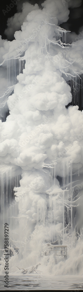 Hyper-realistic depiction of water vapor rising from a nuclear facility captured through a Lippmann plate Hyper-realistic depiction of water vapor rising from a nuclear facility captured through a Lippmann plate