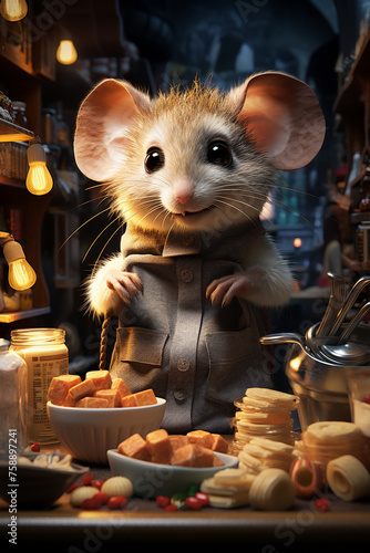 Hyper-realistic depiction of a mouse navigating an open world made of kitchen shelves a bowl of Stifado its destination