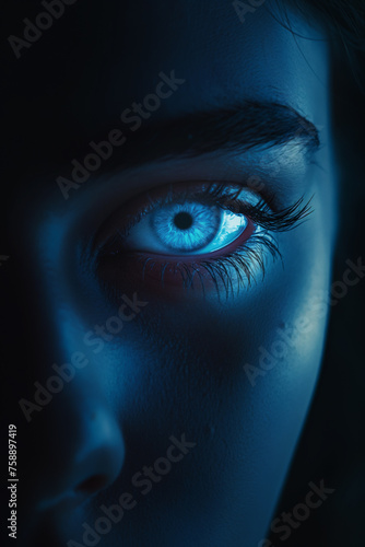 YA fantasy mysterious glowing blue eye. Dark skin background contrasting with the bright glowing eye close-up. Gothic fantasy glowing eye. Mystery concept. Neon glowing blue woman eye