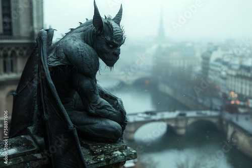 An imposing gargoyle stands vigil over the city from the heights of a historic church tower, captured in ultra-realistic dark academia style with monochromatic color grading. 