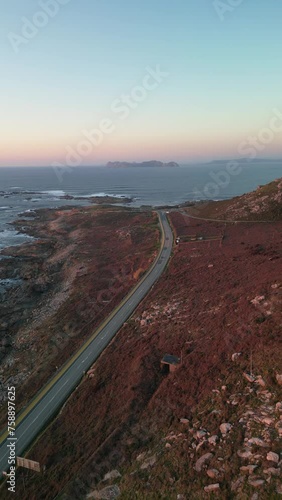 Aerial view of Baiona, Cabo Silleiro with sunset over the Atlantic Ocean, Galicia, Spain. photo