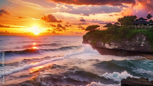 Tanah Lot temple at sunset, Bali island, Indonesia, Seascape, ocean at sunset. Ocean coast with waves near Uluwatu temple at sunset, Bali, Indonesia, AI Generated photo