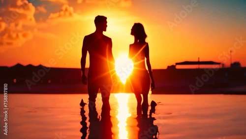 Silhouette of a man and woman standing in the pool at sunset, Silhouette of man and woman standing in swimming pool at beautiful sunset, AI Generated photo