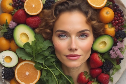 A woman surrounded by fruits and vegetables. AI generated