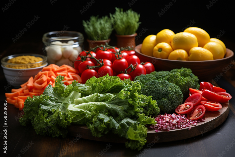 Close-up of vegetables for making vegetarian salad on the kitchen table Close-up of vegetables for making vegetarian salad on the kitchen table